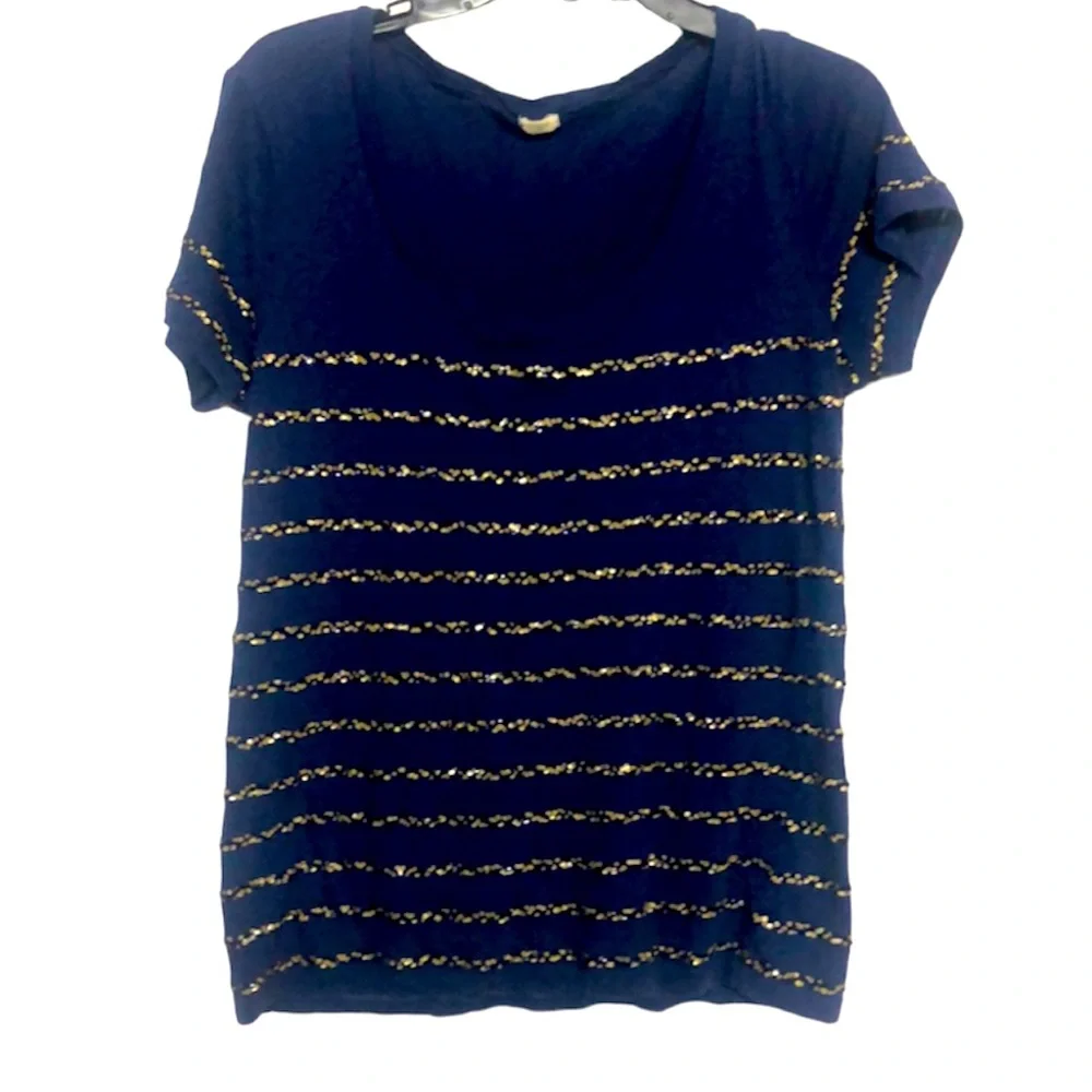 🌞 J Crew tiny blue & gold sequins bling adorn this short sleeve blouse women M